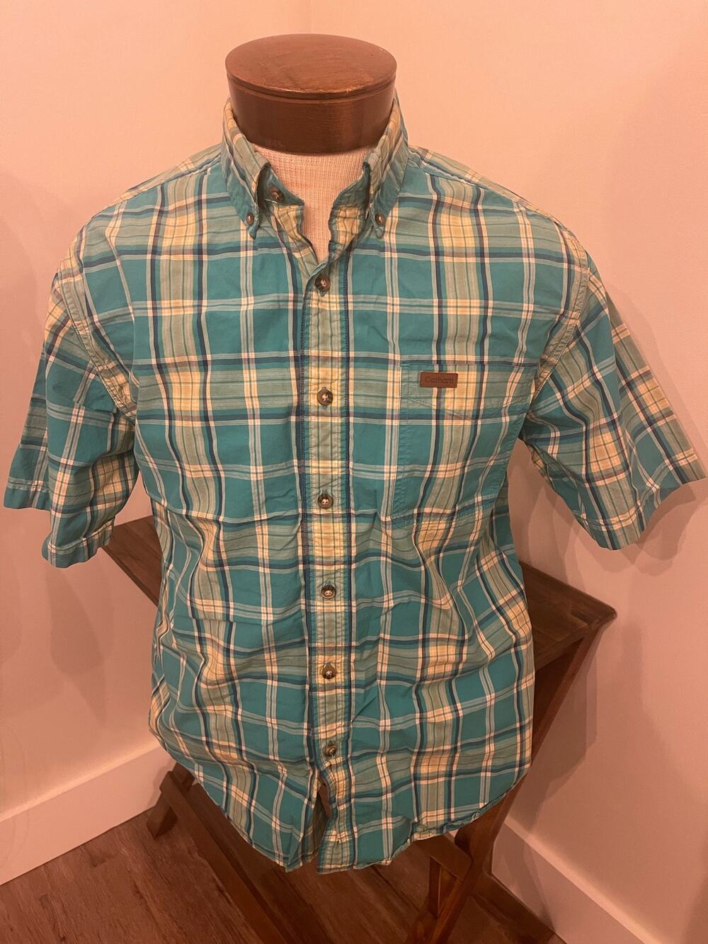 Carhartt Blue and White Plaid Button Up Size Medium
